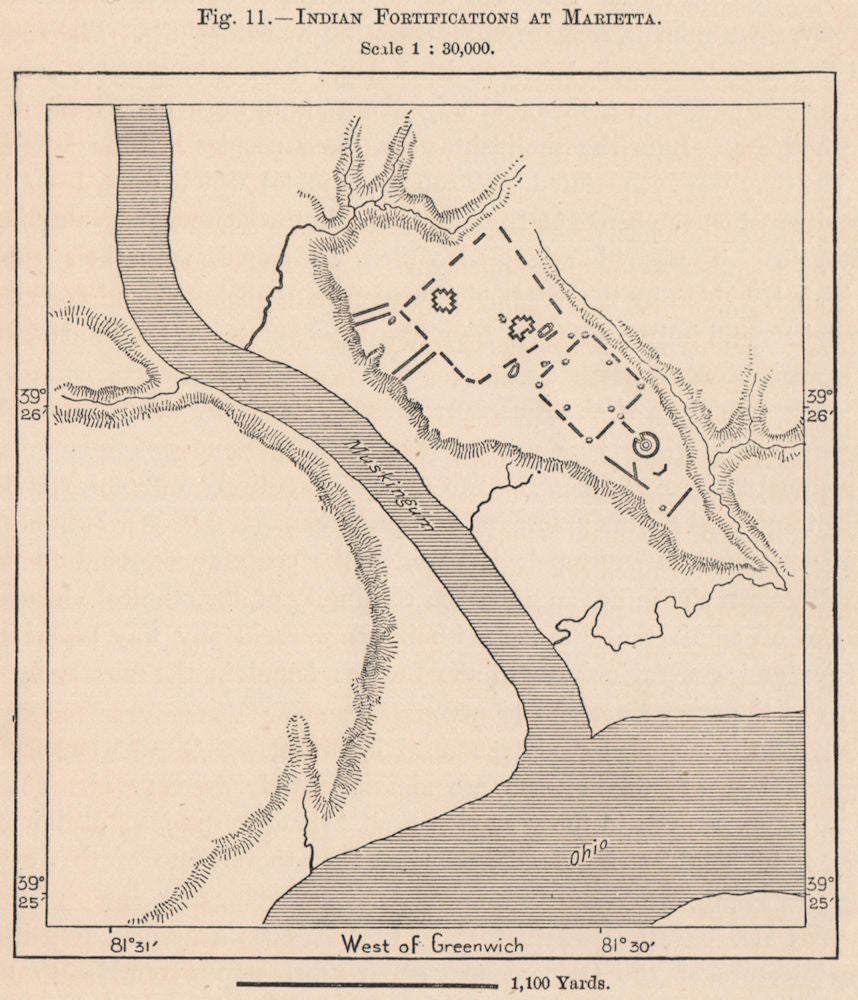 Indian Fortifications at Marietta. Ohio. Native Americans 1885 old antique map